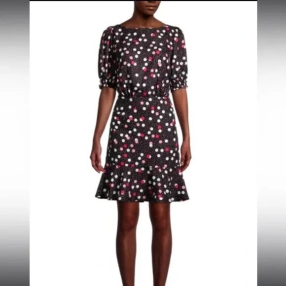 Karl Lagerfeld Paris Short Sleeve Jacquard Dot Flounce Dress - Size 0 - Picture 1 of 13